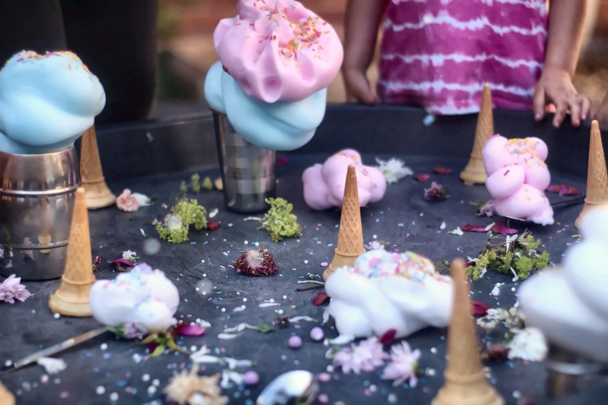 Sensory cotton candy ice cream play at Mucky Pups