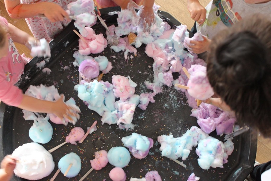 Messy cotton candy play at Mucky Pups